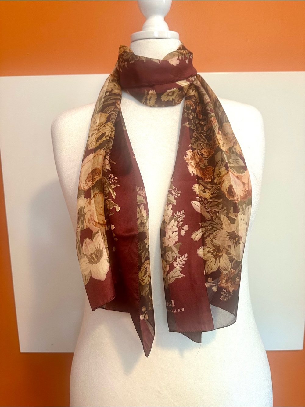 Lauren Ralph Lauren 100% Silk Oblong Floral Scarf Burgundy Wine Gold